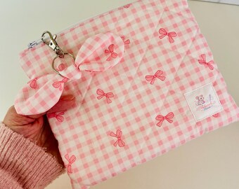 Pink Gingham Makeup Bag, Cosmetic Organiser, Toiletry Case,  Bow Design, Zipped Cosmetic Pouch