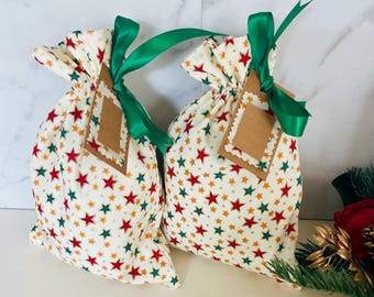 Red Christmas Gift Bag with Colourful Stars, Reusable Fabric Present Bag, Festive Christmas Gift Wrap,