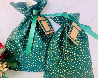Green Stars Fabric Gift Bag, Reusable Christmas Wrap