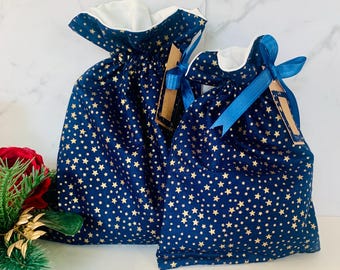 Blue and Gold Stars Fabric Gift Bag, Reusable Drawstring Bag