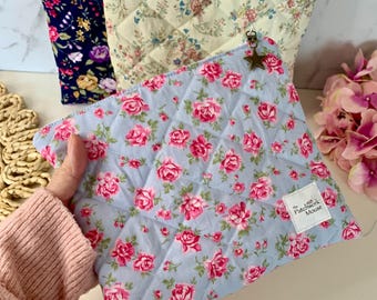 Handmade Blue Floral Quilted Makeup Bag: Zipper Pouch