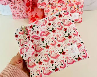 Flamingo Makeup Pouch, Pink Cosmetic Bag, Quilted Padded Zip Bag,