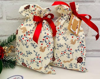 Christmas woodland theme fabric gift bag, squirrel fabric bag, Christmas fabric gift bag, eco friendly gift wrap, drawstring bag,