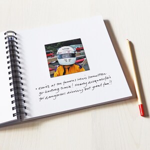 May include: A photo of a young person wearing a racing helmet and yellow racing suit. The photo is in a scrapbook with the caption: "Emist at the famous Lewis Hamilton go-karting track! Nearly disqualified for dangerous driving but great fun!!"