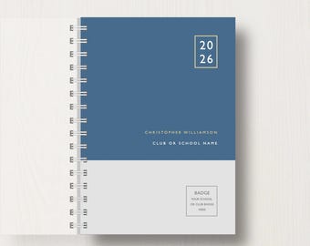 Agenda personalizada para clubes/colegios de 2026 con logotipo.