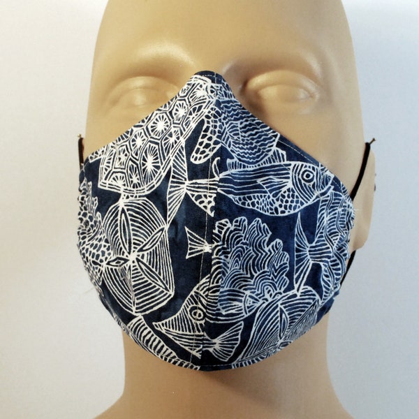 Face Mask: Dark Blue Batik Fish Pattern Cotton Fitted Style with Pocket for Filter/ Nosewire/ Adjustable Soft Elastic Straps/ Size L