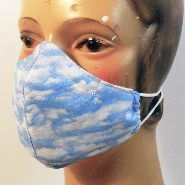 Face Mask Blue Skies Fitted Style with Pocket fir Filter/ Nosewire/ Soft Elais Adustable Cord/ Medium Fits Most