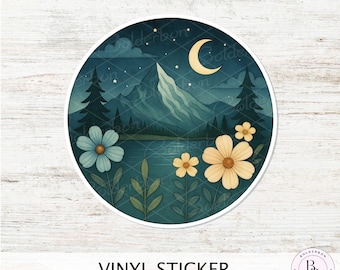 Moonlight Mountain Vinyl Sticker || Night Mountain Sticker, Floral Nature Decal, Hiking Adventure Aesthetic, Waterproof Laptop Sticker