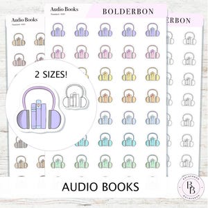 May include: Sticker sheets featuring colorful illustrations of headphones with books inside. The stickers are in various pastel colors and sizes, with the text "Audio Books" at the bottom. The brand name "BOLDERBON" is also visible.