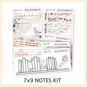 Puede incluir: Un conjunto de pegatinas para planificador con ilustraciones florales y de pájaros, y el texto "7x9 NOTES KIT". Las pegatinas incluyen diseños para notas, rastreadores y libros, con la marca "BOLDERBON". La palabra "septiembre" también es visible.