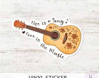 Life Is a Song Guitar Sticker || Floral Acoustic Guitar Vinyl Sticker, Boho Music Sticker, Folk Art Laptop Decal, Love Is the Music Quote St