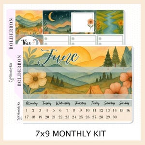 Kit de pegatinas mensuales de junio 7x9 // Pegatinas para planificador de montaña de ensueño, estética al aire libre, acampada, naturaleza y paisajes