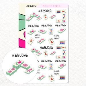 May include: A set of 12 colourful Mahjong tile stickers with a green and white background. The stickers feature a variety of Mahjong tiles, including the wind tiles, dragon tiles, and bamboo tiles. The stickers also include the text "Mahjong" and "Game Night".