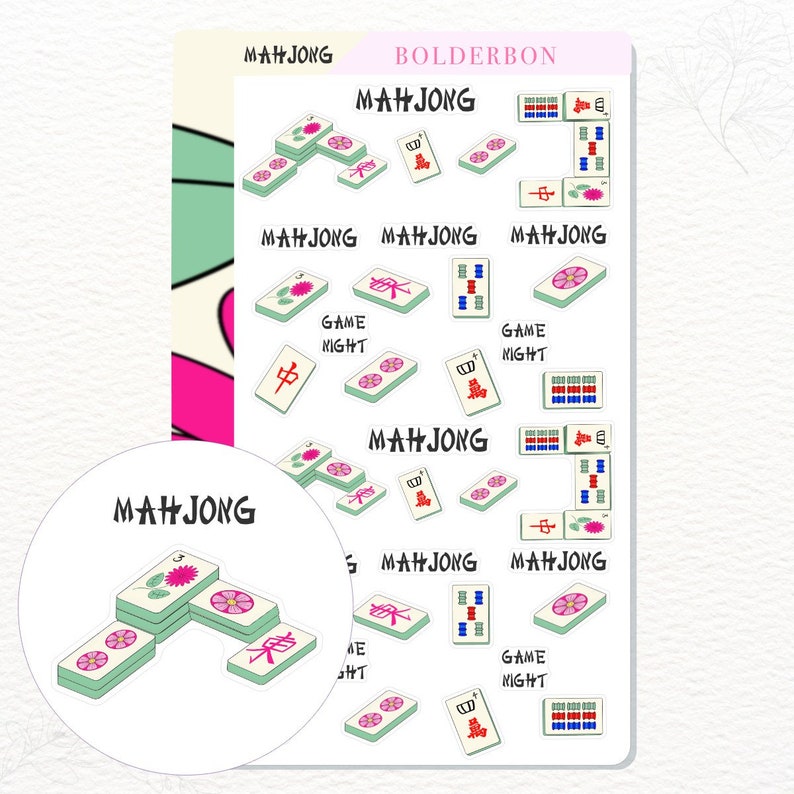 May include: A set of 12 colourful Mahjong tile stickers with a green and white background. The stickers feature a variety of Mahjong tiles, including the wind tiles, dragon tiles, and bamboo tiles. The stickers also include the text "Mahjong" and "Game Night".
