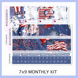 Kit de pegatinas mensuales de JULIO // Pegatinas para planificador Erin Condren de 7 x 9, 4 de julio, Día de la Independencia,