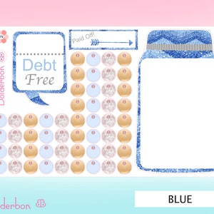 May include: A blue and white debt tracker printable with a jar design and a "Debt Free" speech bubble. The printable has a grid of 100 circles to track progress towards a financial goal.