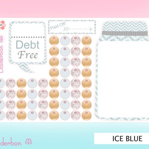 May include: A printable debt tracker with a blue and white chevron pattern. The tracker features a jar with a lid and a grid of 100 circles to track progress. The text "Debt Free" is displayed in a speech bubble.