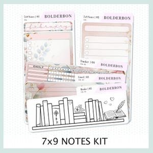Puede incluir: Un kit de planificador con varias hojas de pegatinas. Las hojas presentan diseños florales, espacios con líneas y el texto "february", "DAILY" y "7x9 NOTES KIT". La marca "BOLDERBON" también es visible.