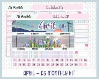 A5 MONTHLY KIT &quot;April&quot; || Planner Sticker Kit for Erin Condren Compact Vertical, A5 Daily Duo, A5 Horizontal, Spring, Flower, Hummingbirds