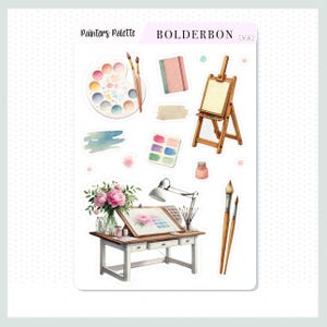 MALER PALETTE Dekorativer Aufkleber Bogen || Künstlerische Aquarell Planer Aufkleber mit Farbe, Pinsel & Studio Dekor