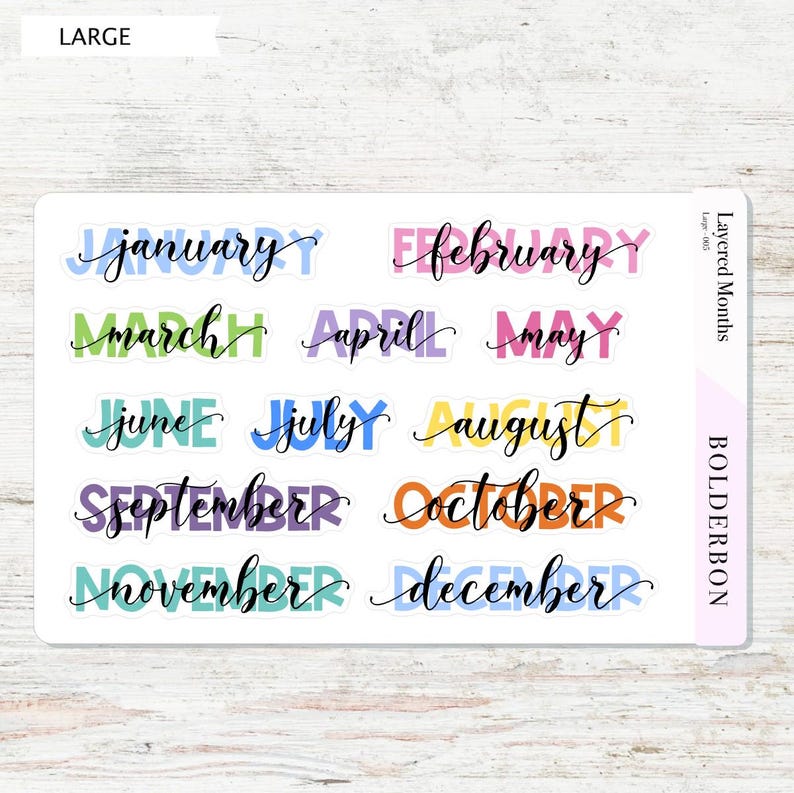 Mointhly Color Code Sticker Layered Colorful Month Stickers || Script Month Labels for Planners ...