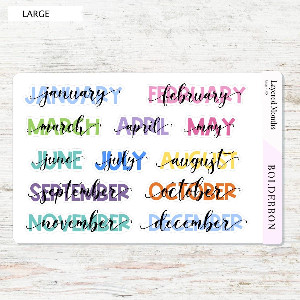 Layered Colorful Month Stickers || Script Month Labels for Planners ...