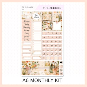 May include: A sticker sheet labeled A6 Hobonichi BOLDERBON A26 featuring floral illustrations, calendar dates from 1 to 31, days of the week, checklist boxes, and decorative strips. The design includes watercolor-style flowers and art supplies.