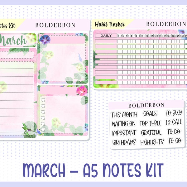 A5 NOTES KIT "March" || Planner Sticker Kit for Erin Condren Compact Vertical, Daily Duo, A5 Horizontal, Spring, Hummingbirds, Flowers