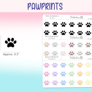 icônes PAWPRINTS || Autocollants planner, dépoli clair, neutre, minimal, noir, coloré, dessiné à la main, mini