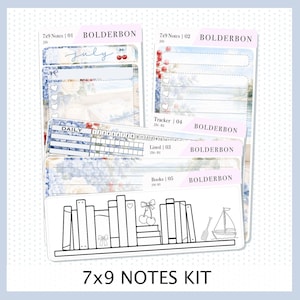 May include: A planner sticker kit with a floral and nautical theme. The kit includes several sticker sheets with various designs, including a bookshelf, cherries, and a sailboat. The text "7x9 NOTES KIT" is at the bottom.