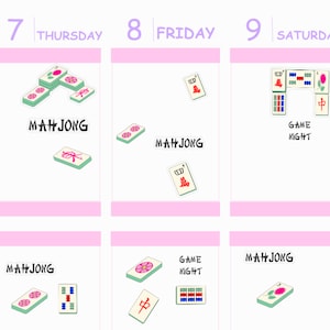 May include: A weekly planner with a pink background and white text. The planner has three days listed: Thursday, Friday, and Saturday. Each day has a different illustration of Mahjong tiles. The text "Game Night" is also included.