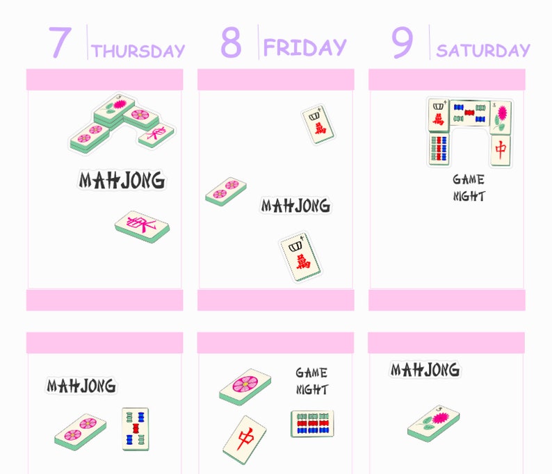 May include: A weekly planner with a pink background and white text. The planner has three days listed: Thursday, Friday, and Saturday. Each day has a different illustration of Mahjong tiles. The text "Game Night" is also included.