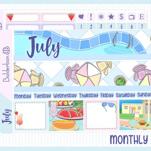 Kit de pegatinas mensuales de julio de 7 x 9 // Kit de pegatinas dibujadas a mano, kit de planificador, Erin Condren, Recuerdos, pegatinas de planificador