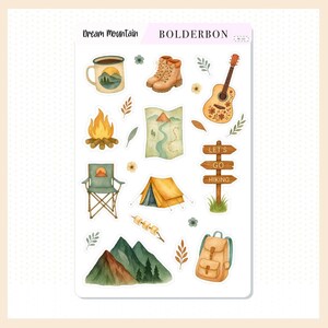 Hoja de pegatinas decorativas "MONTAÑA DE ENSUEÑO" // Pegatinas para planificadores de estética al aire libre, acampada, naturaleza y paisajes