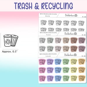 May include: A sheet of 24 mini stickers featuring a trash can and recycling bin design. The stickers are available in three color options: black, neutral, and colorful. Each sticker measures approximately 0.5 inches.
