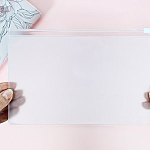 May include: A clear plastic zippered pouch with a white zipper pull. The pouch is held in the hands of a person.