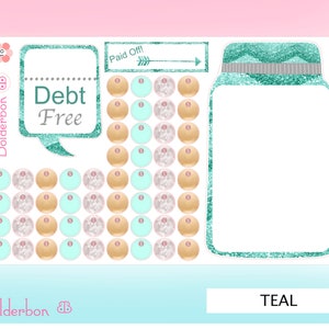 May include: Teal and gold debt tracker with a jar and coins. The jar has a teal glitter design and the coins are gold and white. The tracker has the words "Debt Free" and "Paid Off!" on it.