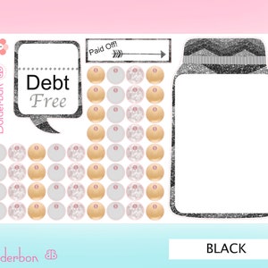 May include: A printable debt tracker with a black and white glitter design. The tracker features a jar with a 'Debt Free' label and a grid of circles to track progress. The text 'Paid Off!' is at the top of the page.