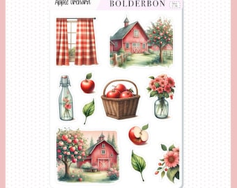 May include: A set of 10 stickers featuring a red barn, apple trees, a basket of apples, a bottle with flowers, a window with red and white checkered curtains, and other fall-themed illustrations. The stickers are labeled "Apple Orchard" and "Bolderbon Designs".