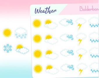 WEATHER Planner Stickers || Cute Calendar Icons,  Sunny, Cloudy, Lightning, Thunder, Rain, Snow, Snow Storm, Windy, Functional