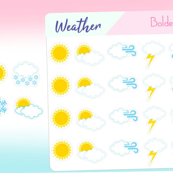 WEATHER Planner Stickers || Cute Calendar Icons,  Sunny, Cloudy, Lightning, Thunder, Rain, Snow, Snow Storm, Windy, Functional