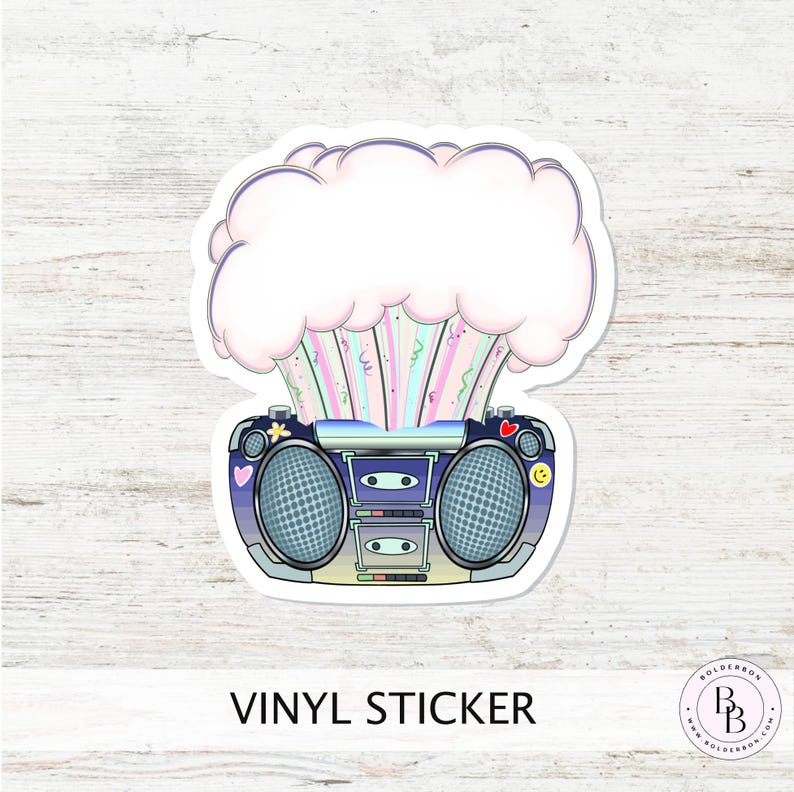 May include: A vinyl sticker featuring a cartoon boombox with a pink and blue cloud bursting out of the top. The cloud is filled with colorful confetti and the boombox has a blue and black design.