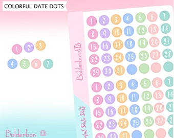 DATE DOT STICKERS | Planner Stickers, Date Covers, Calendar Numbers, Colorful Date Dots, Days Of The Month, Number