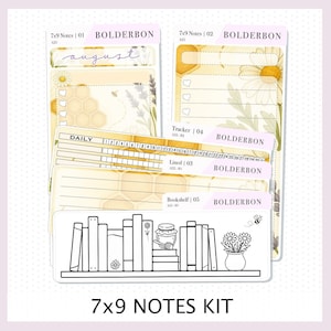 Puede incluir: Un kit de pegatinas para planificador con el texto "7x9 NOTES KIT". El kit incluye varias pegatinas con diseños florales y de panal, y el texto "BOLDERBON". Las pegatinas tienen varias funciones, incluyendo notas, rastreadores y diseños de estanterías.