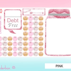 May include: Pink and white printable sticker sheet with a pink glitter jar, a pink and white polka dot background, and the text "Debt Free" in a pink and white speech bubble. The sticker sheet also includes a pink glitter arrow and the text "Paid Off!" in a pink and white rectangle.