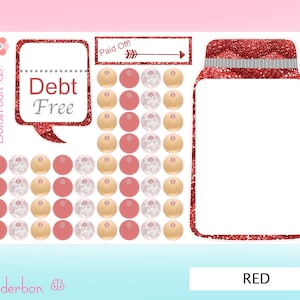 May include: Red and white printable sticker sheet with a jar, a speech bubble that says "Debt Free", and a banner that says "Paid Off!" with an arrow. The jar is filled with red and white circles.