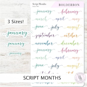 May include: A sheet of colorful script month stickers in three sizes. The stickers are on a white wood background. The text "Script Months" is at the bottom of the sheet.