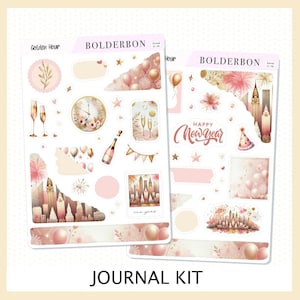 May include: A set of New Year's Eve themed planner stickers with gold and pink accents. The stickers feature illustrations of fireworks, champagne glasses, a clock, a cityscape, and the text "Happy New Year".