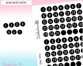 DATE DOT STICKERS | Planner Stickers, Date Covers, Calendar Numbers, Black and White Date Dots, Days Of The Month, Number