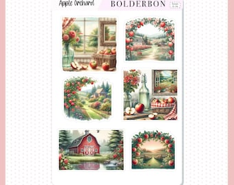 May include: A set of six apple orchard themed stickers. The stickers feature images of a red barn, apple trees, a farmhouse, and a window view of a countryside scene. The stickers are perfect for adding a touch of autumn charm to your planner, journal, or laptop.